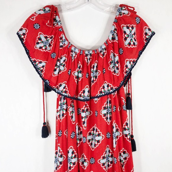Crown Ivy XL Petite Dress Red Blue Tassels Shift Knee Off Shoulder Pineapple 574 - Picture 6 of 9